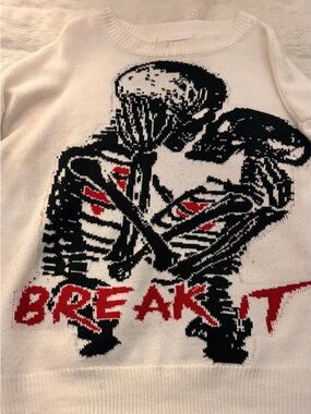 White Graphic 'Break It' Sweater with Skeleton Motif